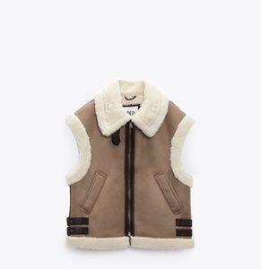 ZARA COMBINATION FAUX SHEARLING FUR COLLAR SLEEVELESS JACKET WAISTCOAT VEST